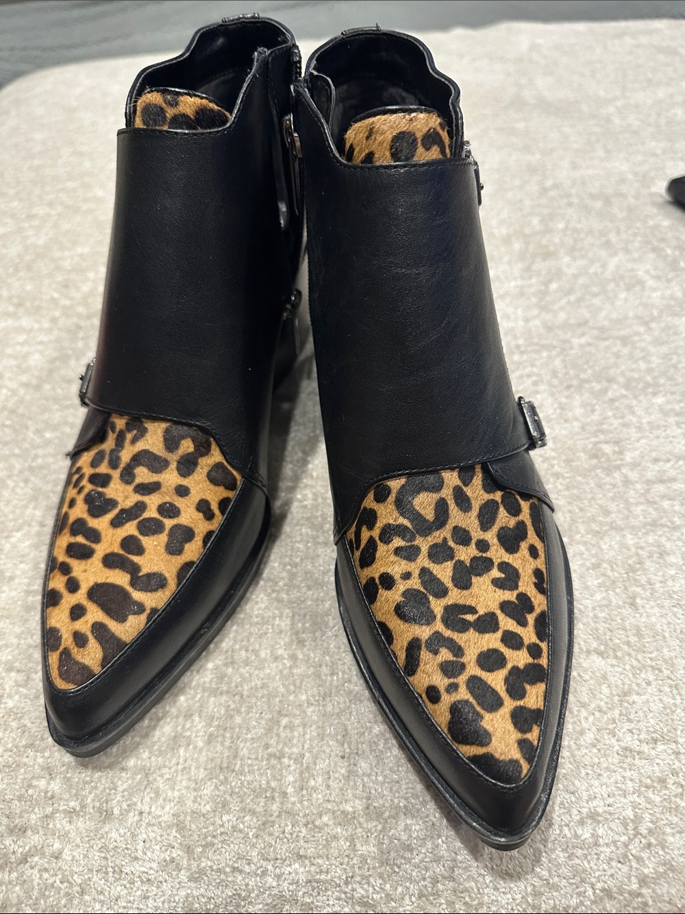 Circus by Sam Edelman Black Leather Ankle Boots with Leopard Print Panels - Picture 2 of 12